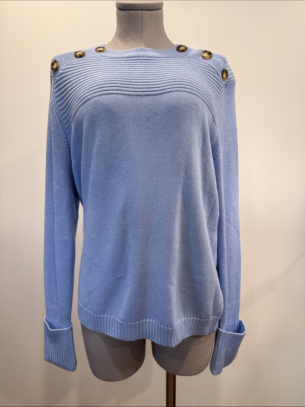 Annick Blue Wool Blend Button Shoulder Sweater Fits M